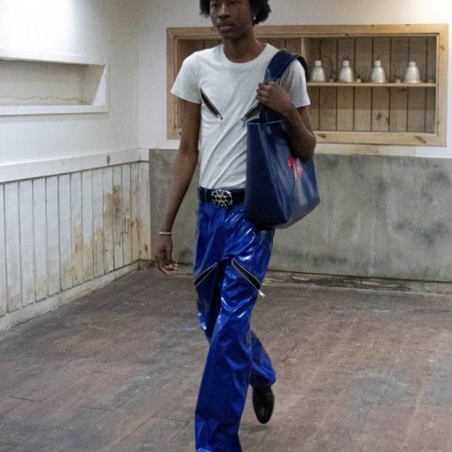 새드 지퍼 라텍스 팬츠 블루